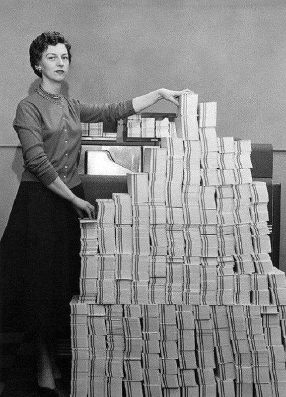 Here's what 4.5 megabytes of data in 62,500 punched cards looked like in 1955..jpg