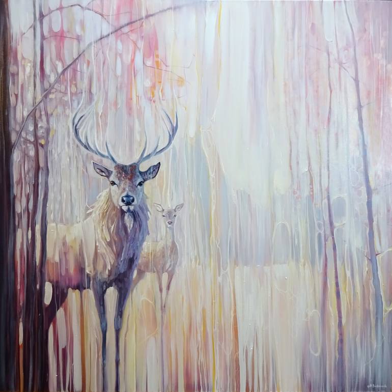 Woodland Souls - large winter landscape painting with deer Painting by Gill  Bustamante | Saatchi Art