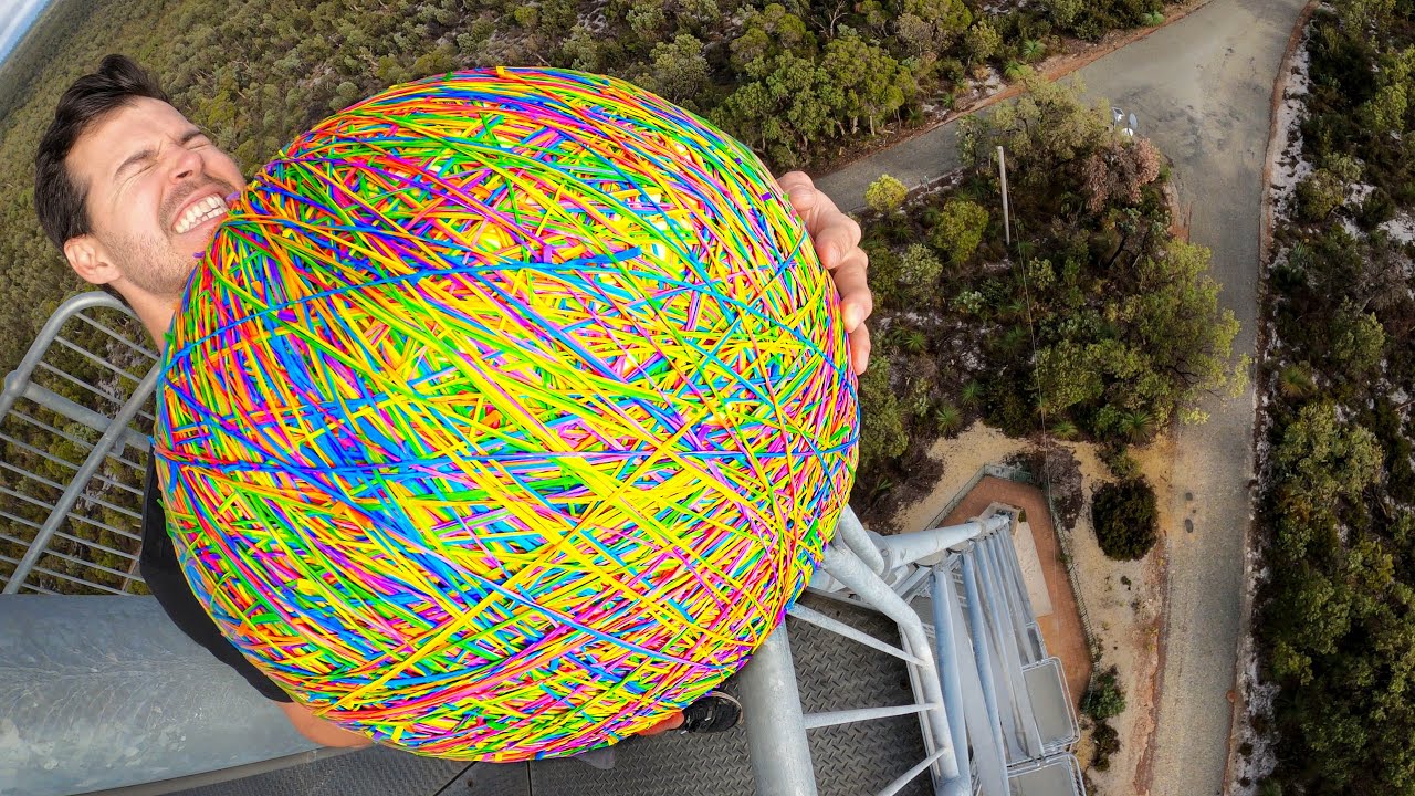 GIANT RUBBER BAND BALL 45m Drop Test! How High Will it Bounce? - YouTube