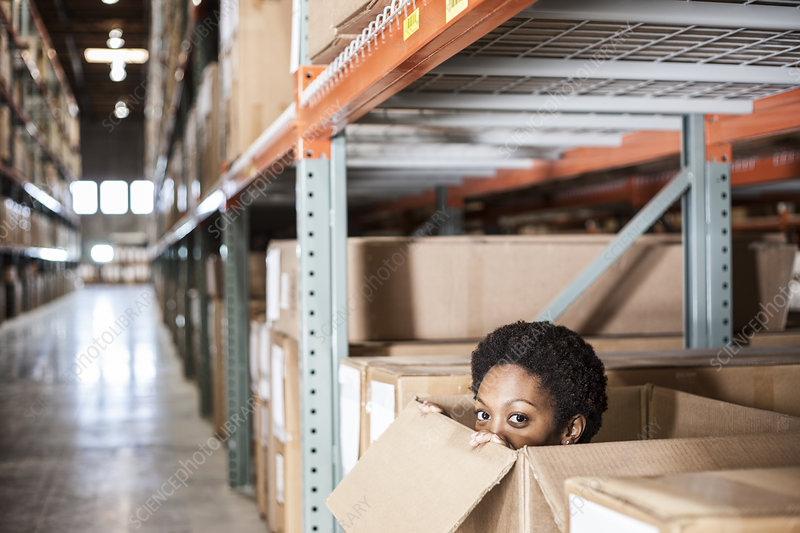 Female worker hiding in box in distribution warehouse - Stock Image -  F023/0758 - Science Photo Library