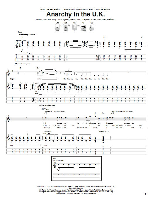 Anarchy In The U.K. Sheet Music | Sex Pistols | Guitar Tab