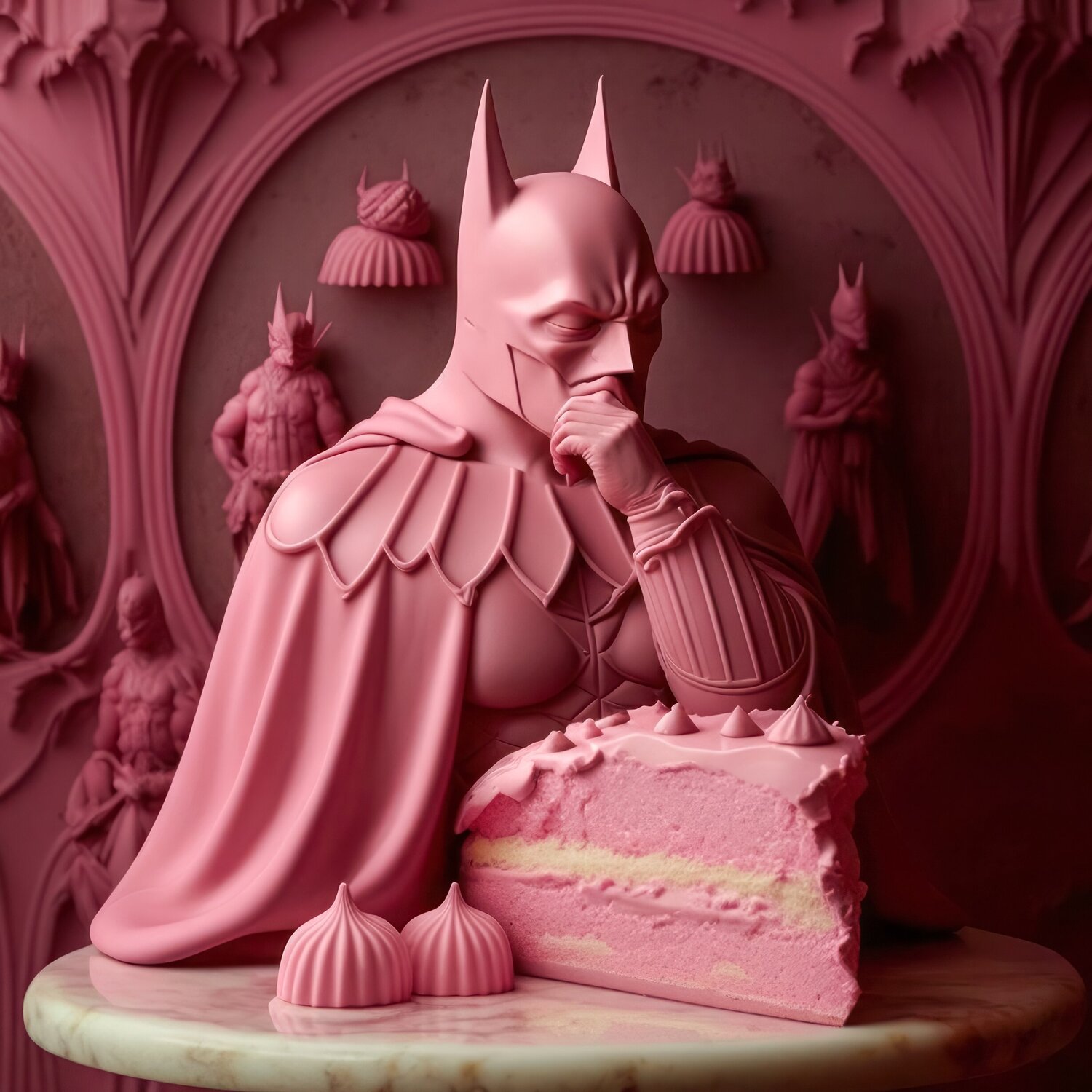 Pink Batman thinking about cake Cheeky Bunny